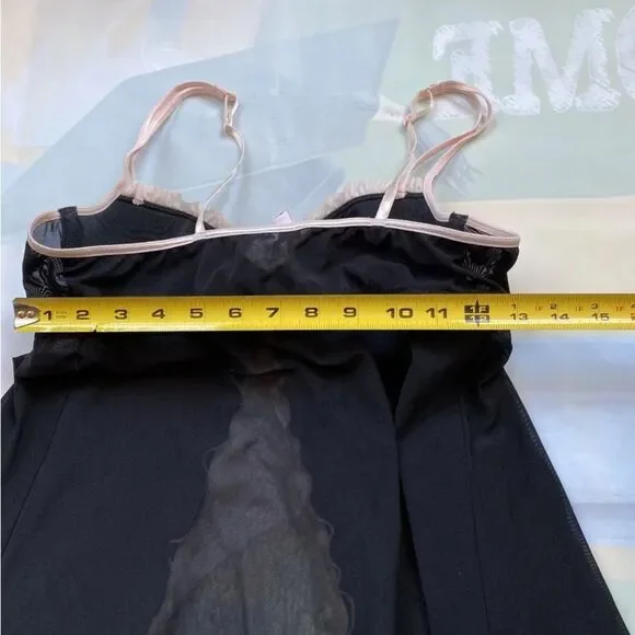 VTG Victoria’s Secret Black Mesh Sheer Babydoll Pink Trim Open FrontSize M - Picture 12 of 13